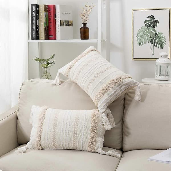 Dekorativt Boho Pyntepudebetræk, Beige Pudebetræk til Sofa Seng, Vævet Tuftet Bomuldspudebetræk med Kvaster