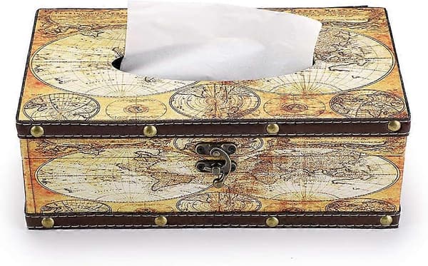 Retro Tissue Box Hållare, Tissue Organizer Rektangulär Trä + PU Tissue Box Omslag (Gul Karta)