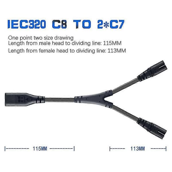 IEC320 C8 til 2X C7 Y Split AC Strømkabel, IEC Figur 8 Han til 2 Hun 1 ind 2 ud AC Strømkabel