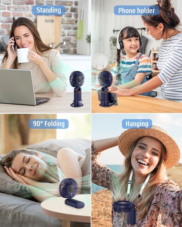 Mini håndholdt ventilator, bærbar USB håndholdt ventilator, genopladelige ventilatorer 5 hastigheder foldbar håndventilator med base Deep Blue