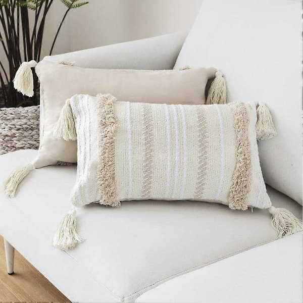 Dekorativt Boho Pyntepudebetræk, Beige Pudebetræk til Sofa Seng, Vævet Tuftet Bomuldspudebetræk med Kvaster