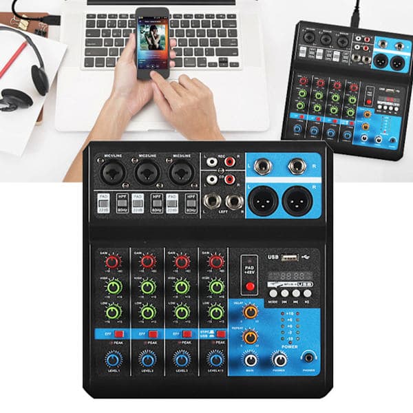 Liten 5-veis lydmikserstasjon Liveopptak DJ-lydkortkonsollmikser USB Bluetooth Digital Effektor EU-plugg