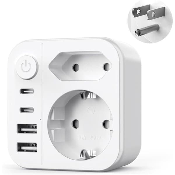 Kompakt 6-i-1 Sort Rejseadapter til USA, 2 USB-C og 2 USB-A, Hurtig Opladning til USA, Canada og Mexico