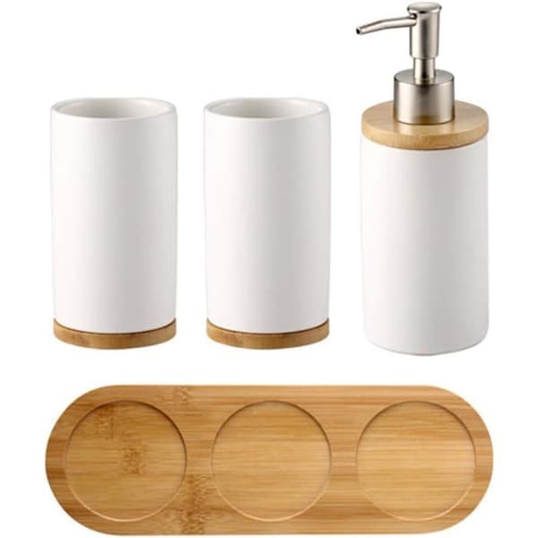 4-delat badrumsset - Keramik och bambu - Dispenser och borsthållare - Nordisk design - P