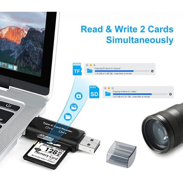 SD-kortlæser - 1 stk. - Sort - USB C og USB A - Hurtig overførsel - Til PC og Smartphone