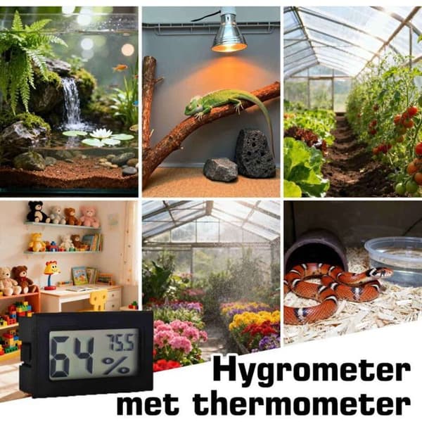 Integrerad digital termometer och hygrometer, mini-elektronisk enhet för husdjursinhägnader. Exakt och kompakt.