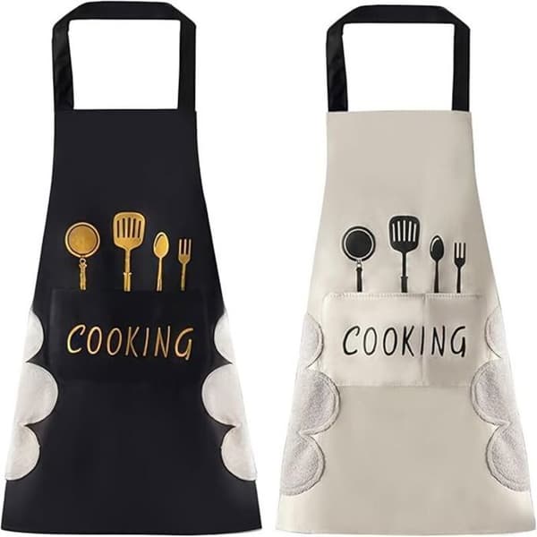 Dameforklæde med lommer, sort, store lommer, håndtørrer, vandtæt, ideelt til madlavning, bagning og grillning