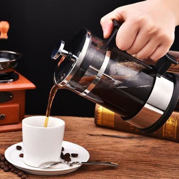 Kaffekande i rustfrit stål og glas, stempelkande, tekande til hjemmebrug