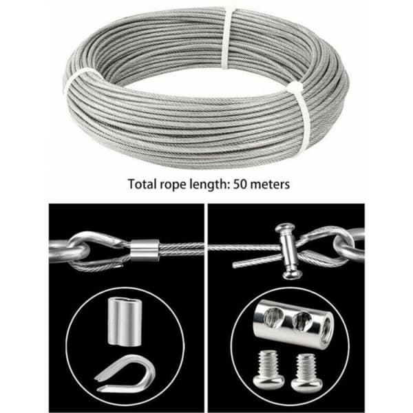 30 m/3 mm rustfrit stålkabel, beklædt kabel med fastgørelseselementer, M3-muffe, rustfrie stålslynger