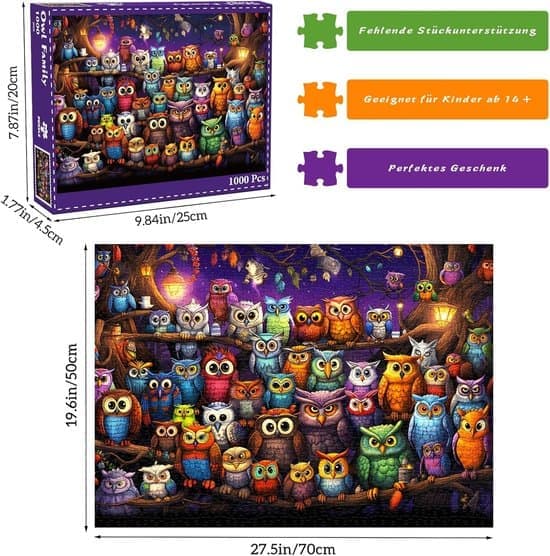 Pöllöpalapeli 1000 palaa - Klassinen palapeli aikuisille - 70*50 cm - 1 kpl