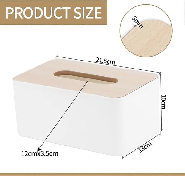 Tissuebox med bambulock, rektangulär, plast, 21 * 13 * 9,5 cm, Tissue Dispenser Box för vardagsrum, kontor, bil