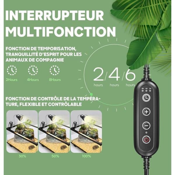 Varmelampe, UVA/UVB-lampe til krybdyr med 360° roterende rør og timer, E27-lampe til skildpadder og terrarier
