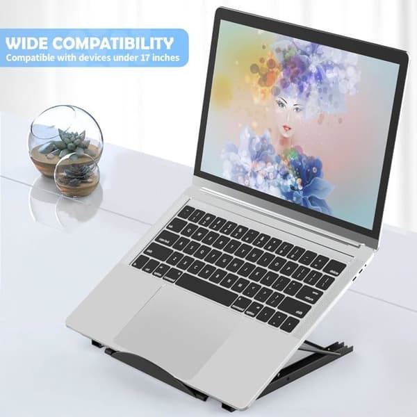 Sammenklappeligt, justerbart, ventileret, ergonomisk, letvægts laptopstativ med integreret bakke og aluminiumsbase