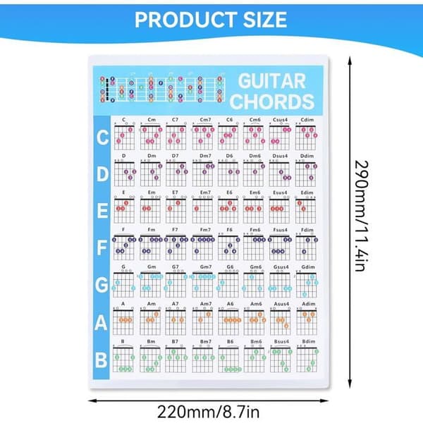 Gitarrackordaffisch - 1 stycke - Bestruket papper - 56 färgkodade ackord - Nybörjarguide