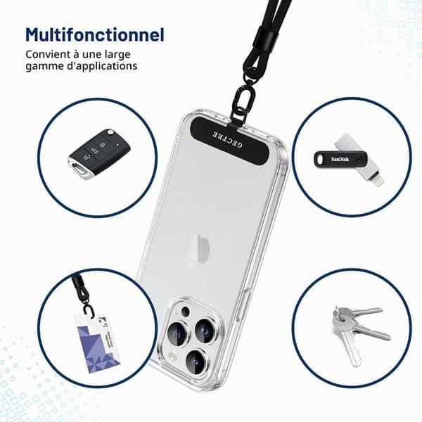 Telefon Snor - 2 Patches - Nylon og PPM - Justerbar 160 cm - Universal Smartphone - Sort
