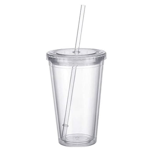 Dubbellagers plastmugg med lock och sugrör, isolerad kaffemugg, 500 ml, transparent