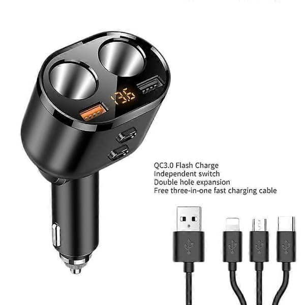 USB billader (QC3.0 hurtiglading, uavhengig bryter, dobbelthullsforlengelse for å sende tre-i-ett hurtigladekabel) (ett sett)