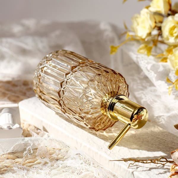 Flytande tvålpump i bärnstensfärgat glas - 1-pack - Diamantdesign - Påfyllningsbar pump - Badrum Kök