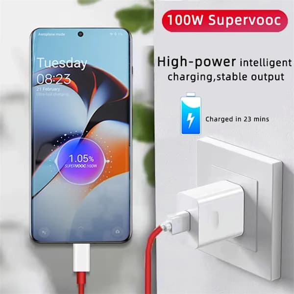 100W SuperVOOC Hurtigoplader – Til Oneplus 13/12/11/10 Ace 5 Pro med Type C-kabel – 1M
