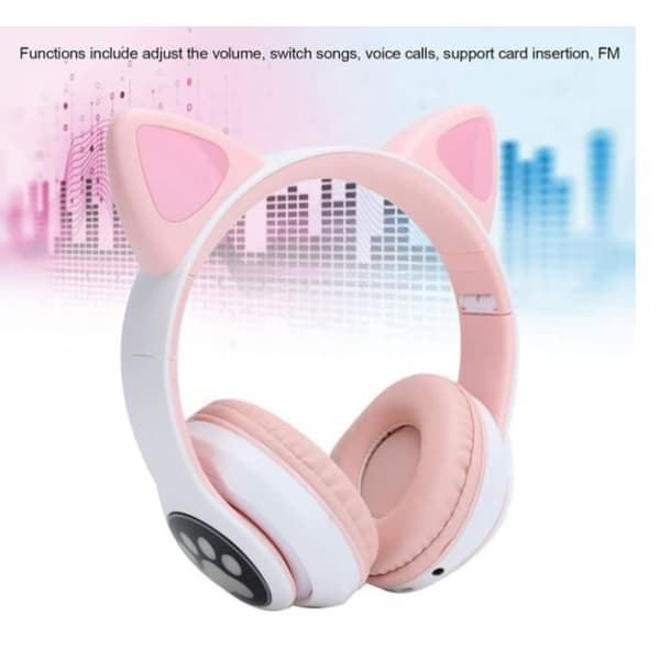 Bluetooth Katteøre Hovedtelefoner til Piger, Foldbare Stereo Hovedtelefoner med LED Lys / PS4 / PC / Tablet / TV (pink + hvid)