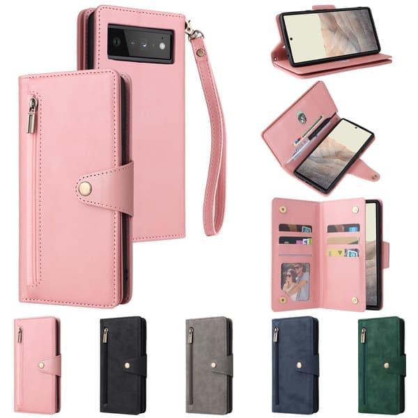 Google Pixel 6A Etui PU Læder Magnetisk Flip Wallet Etui med Lynlås Kortholder (Blå)