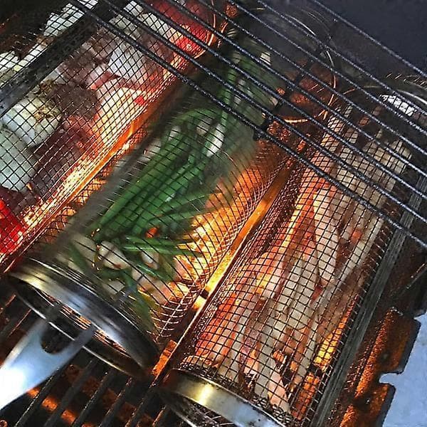 Rullende grillkurv, cylindrisk grillkurv i rustfrit stål - 20x9x9cm