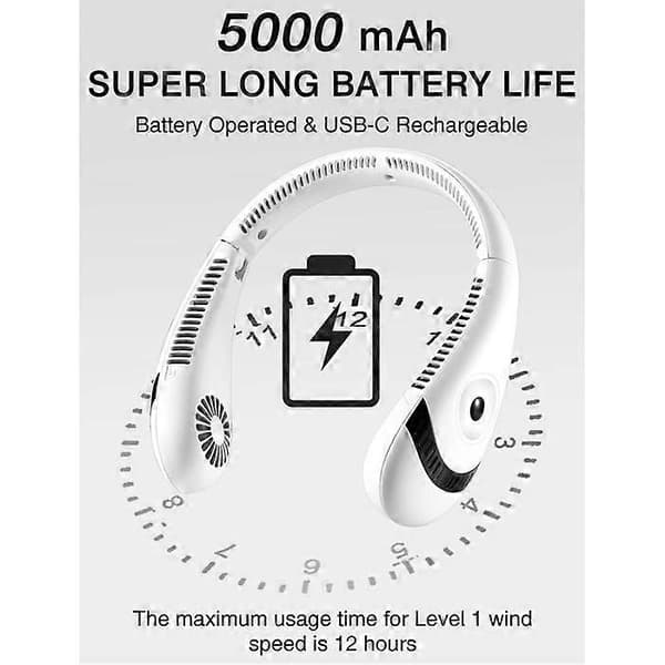 USB-blæser - Bærbar halsblæser med LED-display, foldbar halsblæser 5000mAh batteri, 3 niveauer