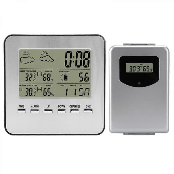 Multifunktionell trådlös väderstation klocka LCD digital inomhus utomhus termometer hygrometer kalender larm månfas display