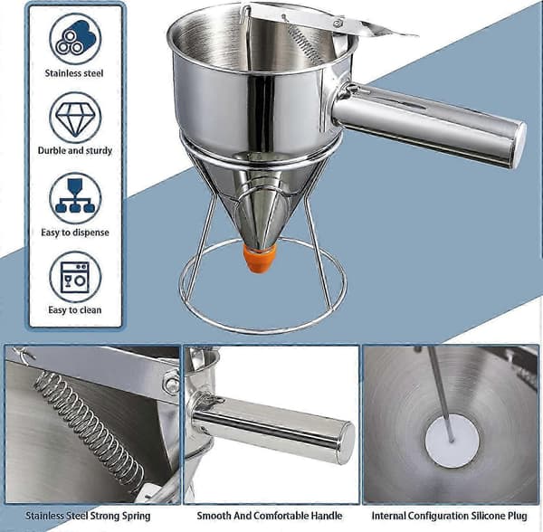 Pandekagedejdispenser, multifunktionel tragtkagedispenser i rustfrit stål med stativ, fantastisk til pandekager, cupcakes
