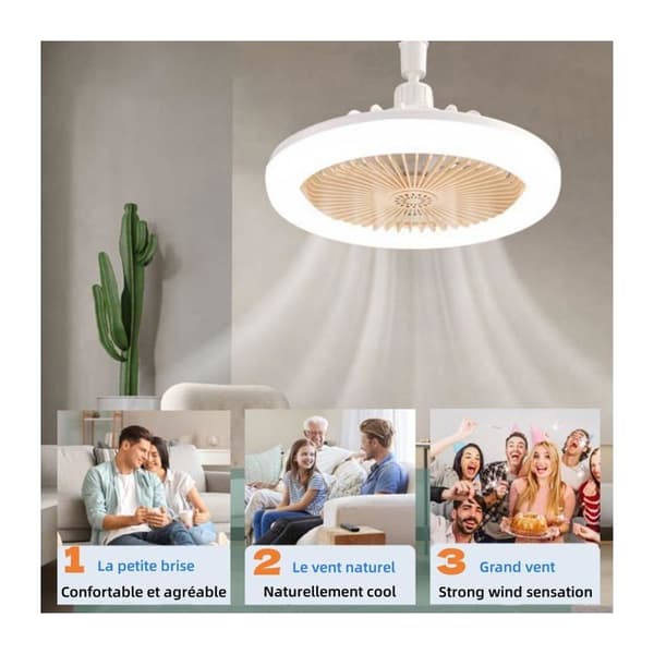 Ventilert lyskilde E27 LED dimbar 1200 lm, 3 hastigheter, fjernkontroll, timer, gul