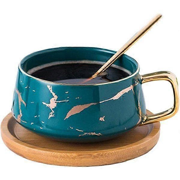 Porcelæns Tekop & Underkop Sæt til Eftermiddagste - Marmormønster (Sort, Lav 300ml + Træ Underkop)