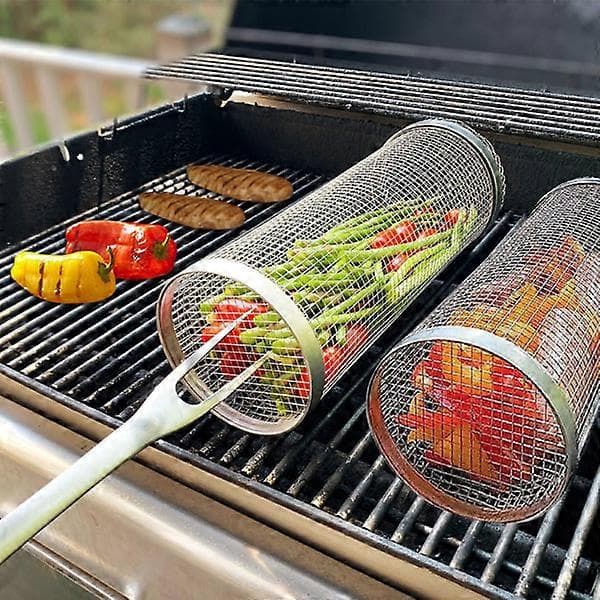 Rullende grillkurv, cylindrisk grillkurv i rustfrit stål - 20x9x9cm