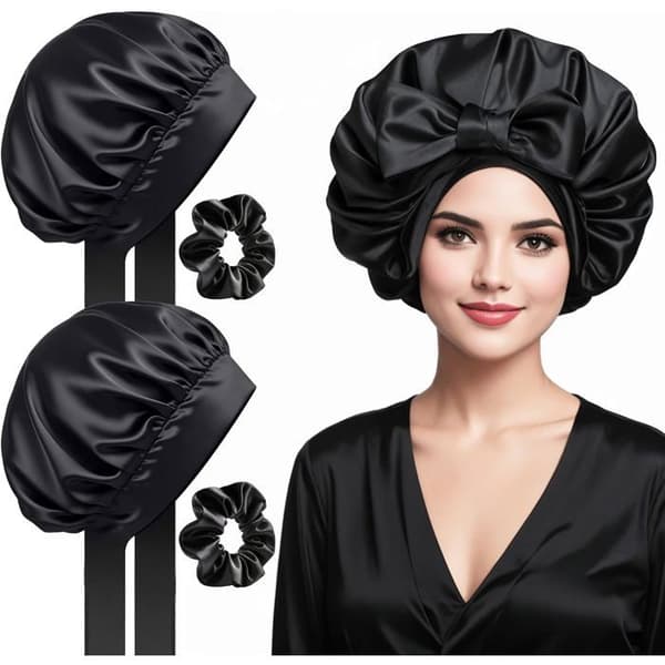 Satin-nattehue - Pakke med 2 - Sort - 42 cm - Beskyttelse til krøllet og langt hår