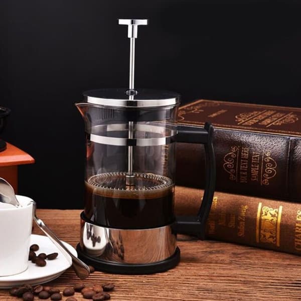Kaffekande i rustfrit stål og glas, stempelkande, tekande til hjemmebrug