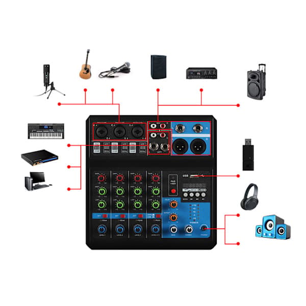 Liten 5-veis lydmikserstasjon Liveopptak DJ-lydkortkonsollmikser USB Bluetooth Digital Effektor EU-plugg