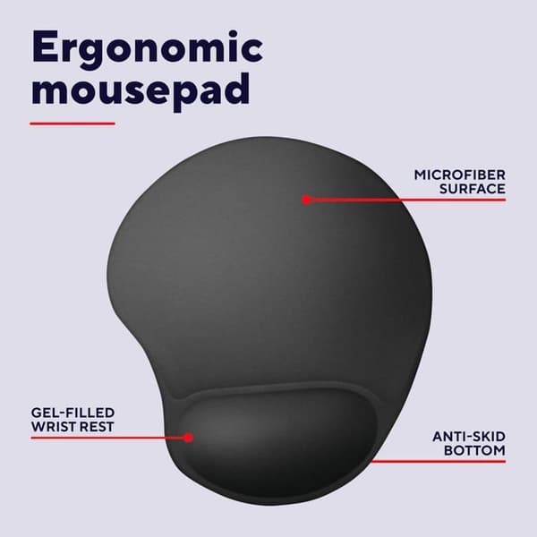 Ergonomisk musemåtte med gel håndledsstøtte, 175 x 230 mm, fyldt, skridsikker base, til PC, bærbar og stationær computer - Sort