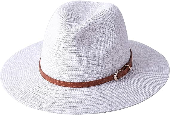 Mænd Kvinder UPF50 Sammenfoldelig Sommer Stråhat Bred Skygge Fedora Sol Strandhat (Hvid, One Size)