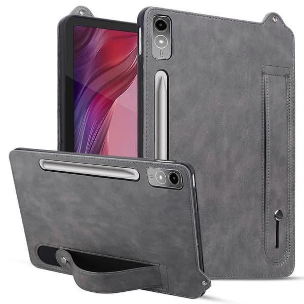 Til Lenovo Tab P12 deksel håndstropp støtteben skinn nettbrettdeksel - grå