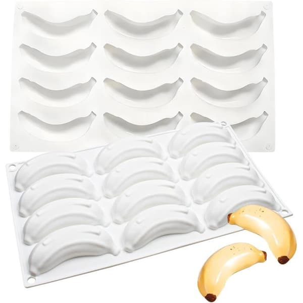 3D Banan Silikon Bakeform med 12 Hulrom, 29.5x17x2cm, for Desserter, Mousse, Sjokolade, Bakverk, Gelé, Pudding