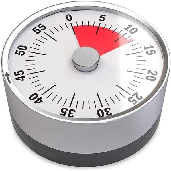 Mekanisk og magnetisk timer. Opptil 60 minutter. Alarmsignal når tiden er ute.