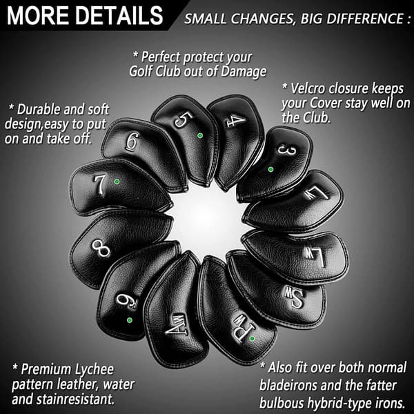 Golf Iron Head Covers, Syntetiskt Läder Headcovers med Nummer, Deluxe Value, Set om 12