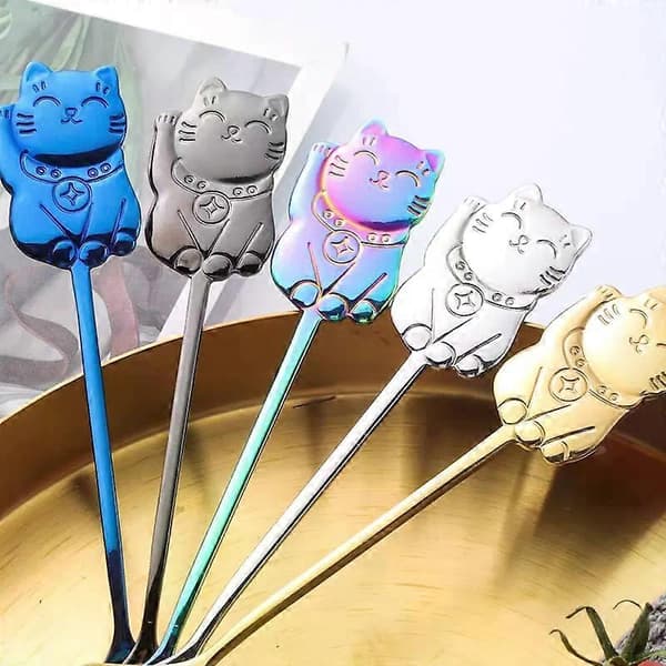 Kaffeske i rustfrit stål Sød Lucky Cat-form Teske Dessert Snack Scoop Is Mini Skeer Cool Black