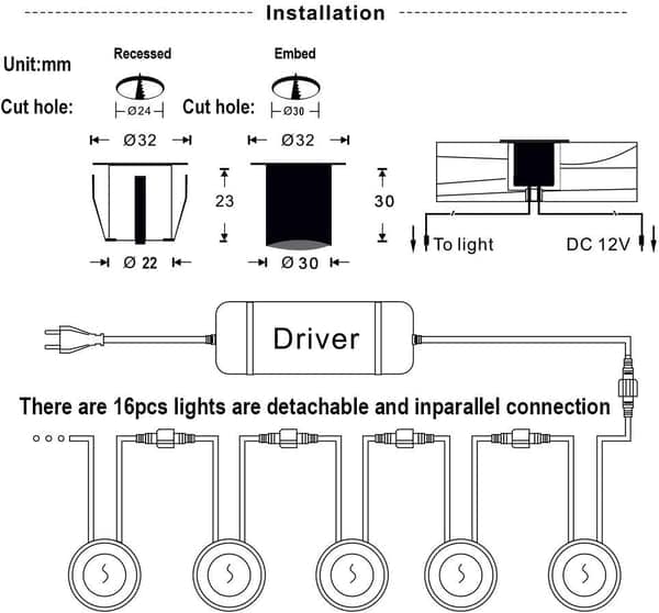 16 LED-spotlights för utomhusbruk, Ø 32mm Varmvit 2800k