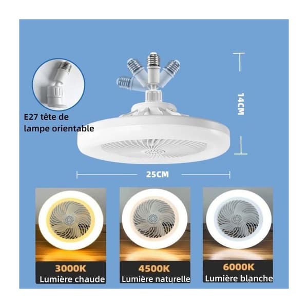 Ventilerad ljuskälla E27 LED dimbar 1200 lm, 3 hastigheter, fjärrkontroll, timer, gul