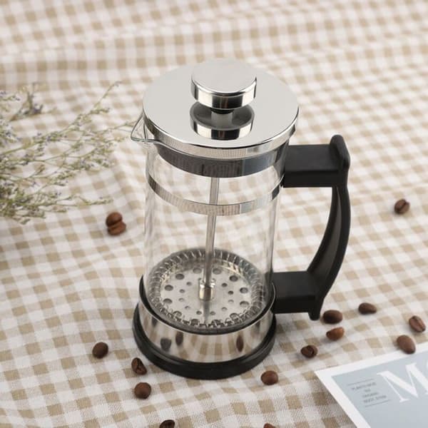 Kaffekande i rustfrit stål og glas, stempelkande, tekande til hjemmebrug