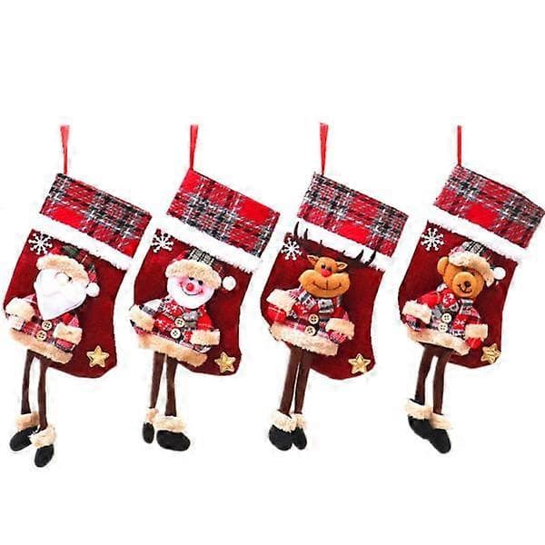 4 julestrømper julepynt Santa strømper Gitter klud dukker Fluff strømper juletræshænger