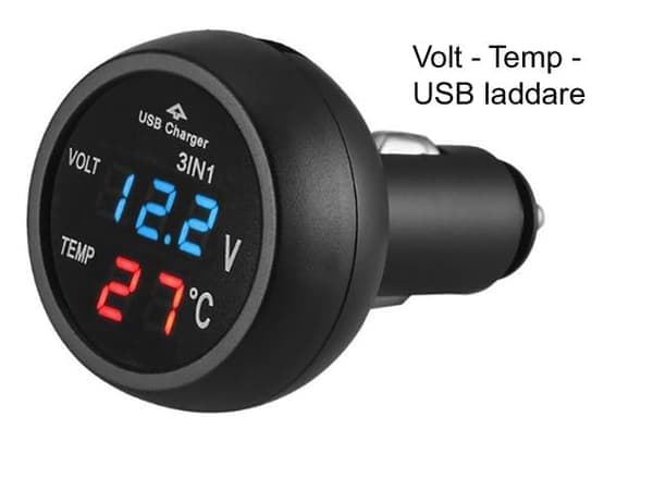 Voltmeter Temp + USB 5v oplader 4-30v DC bil båd autocamper campingvogn Sort
