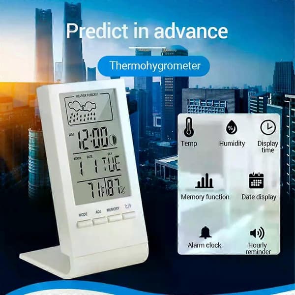 Multifunktionell kalender temperatur digital väckarklocka elektronisk kalender termometer hygrometer bordsklocka med tid White A2
