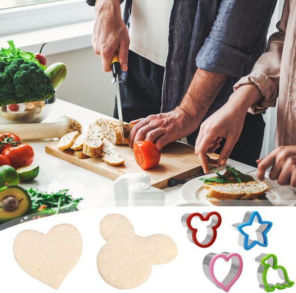 Sandwichbrødutstikkersett i rustfritt stål med former som mus, dinosaur, stjerne og hjerte