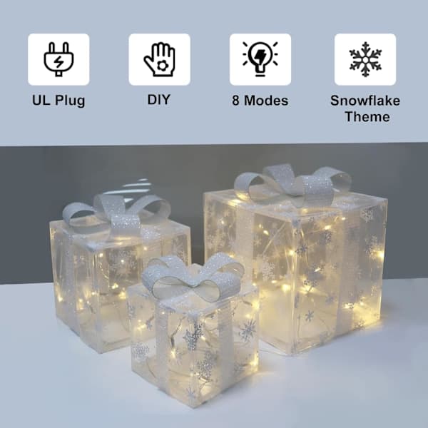 Set med 3 julbelysta presentaskar LED-belysning Julpresentprydnader för utomhus inomhus julgran, varmvit